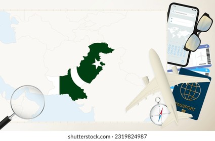 Pakistan map and flag, cargo plane on the detailed map of Pakistan with flag, passport, magnifying glass and airplane. Vector template.
