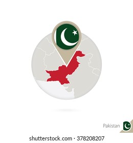 Pakistan Karte und Flagge im Kreis. Karte von Pakistan, Pakistan Flaggenstift. Karte von Pakistan im Stil der Welt. Vektorgrafik.