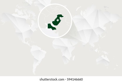 Pakistan map with flag in contour on white polygonal World Map. Vector Illustration.