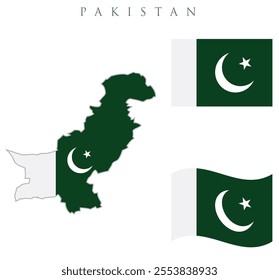 Pakistan map with flag embeded inside with 2 Pakistani flags wavy flag and straight flag vector illustration