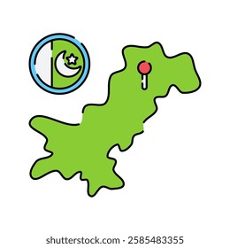 Pakistan Map with Flag. A green map of Pakistan with a location pin and a small national flag symbol, representing the country's geography and identity.