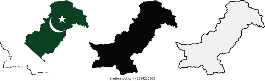 Symbol für Pakistan-Karte. Kartensatz von Pakistan. Fahne auf der Karte. Silhouette der Karte. Vektorgrafik auf weißem Hintergrund. eps 10.
