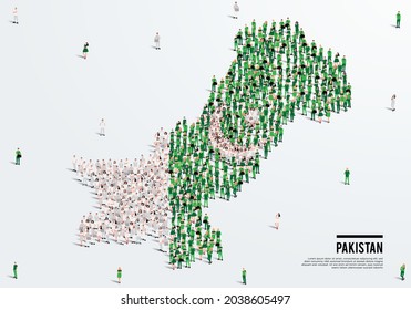 Pakistan Map and Flag. A large group of people in the Pakistani flag color form to create the map. Vector Illustration.