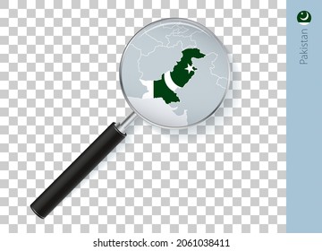 Pakistan map with flag in magnifying glass on transparent background. Vector loupe with map.