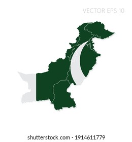Pakistan map with flag and shadow isolated on white background. Vector illustration EPS10.