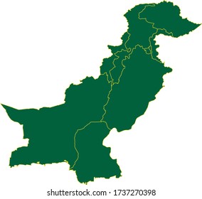 Pakistan map in green color and yellow border on white background. Vector illustration.