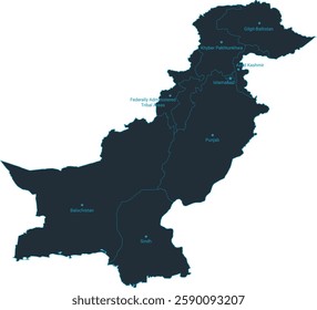 Pakistan map high detailed with administrative divide by state, capital cities names, outline simplicity style. Vector illustration EPS10.