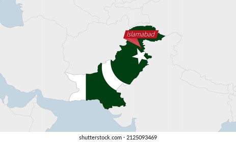 Pakistan map highlighted in Pakistan flag colors and pin of country capital Islamabad, map with neighboring Asian countries.