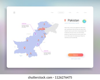 Pakistan map infographics vector template with cities, capital Islamabad and pointer marks.
