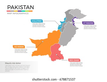 Pakistan map infographics vector template with regions and pointer marks