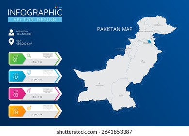 Pakistan map with location pointer marks. High detailed country map with division, cities and capital infographic template. Vector illustration EPS10