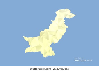 Mapa de Pakistán en estilo de Vector de polígono bajo, ilustración de forma geométrica con tonos amarillos suaves sobre fondo azul, silueta limpia para infografía.