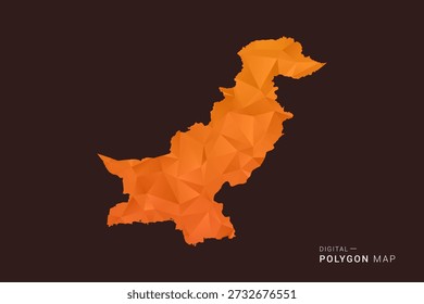 Mapa de Pakistán - bajo Vector de polígono polivinílico, silueta triangulada geométrica en tonos naranja y marrón oscuro, estilo infográfico moderno limpio, fondo aislado.