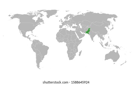 Pakistan map marked green on world map. Light gray background. Asian country.