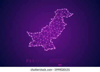 Línea de purga de mapas de Pakistán y escalas puntuales sobre el fondo de la tecnología púrpura. Malla 3D del marco de cables línea de red poligonal, esfera de diseño, punto y estructura - Ilustración vectorial eps 10