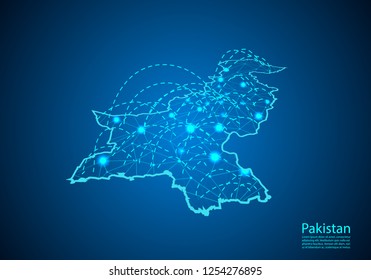pakistan map with nodes linked by lines. concept of global communication and business. Dark pakistan map created from white dots with travel locations or internet connection.