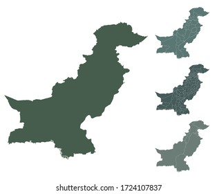 Pakistan map outline vector with administrative borders, regions, municipalities, departments in black white colors. Infographic design template map.