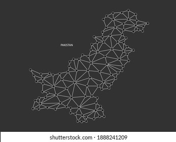 Pakistan Map Point scales on black background. Wire frame polygonal network white line, dot and shadow dot.