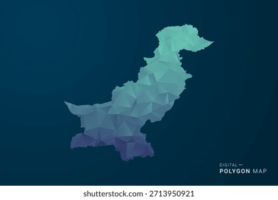 Mapa de Pakistán - Ilustración vectorial de estilo polígono con degradado azul azulado, diseño geométrico de bajo poli, inspirado en la Tecnología y digital, silueta limpia sobre fondo oscuro.