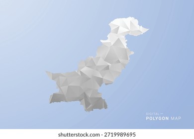Mapa de Pakistán - Ilustración vectorial de estilo polígono en gris, blanco y azul, diseño geométrico de bajo poli, silueta mínima, adecuada para infografía y diseño moderno.