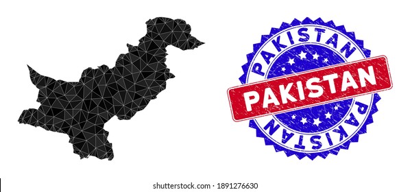 Pakistan map polygonal mesh with filled triangles, and distress bicolor stamp imitation. Triangle mosaic Pakistan map with mesh vector model, triangles have variable sizes, and positions,