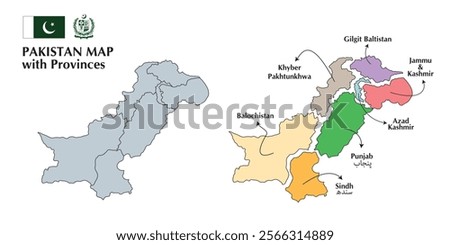 Pakistan Map with provinces vector illustration design. Pakistan flag and Government of pakistan logo