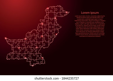 Pakistan map from puzzles red line and glowing space stars parts mosaic grid. Vector illustration.