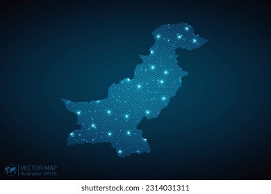 Pakistan map radial dotted pattern in futuristic style, design blue circle glowing outline made of stars. concept of communication on dark blue background. Vector EPS10