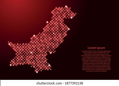 Mapa paquistaní de los rostros rojos de patrones de diferentes tamaños y de la rejilla de estrellas espaciales brillantes. Ilustración vectorial.