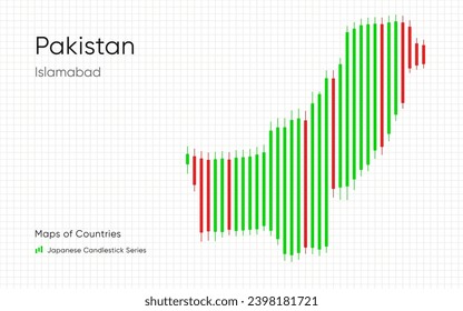 Pakistan map is shown in a chart with bars and lines. Islamabad. SHOTLISTbanking. Japanese candlestick chart Series