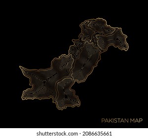 Pakistan map topographic height contour in lines geography terrain path. Gold lines on a dark background. Vector illustration.
