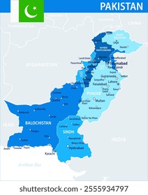 Pakistan Map Vector Blue Spot - Customizable layered political map of Pakistan with administrative divisions for website, education, reports, news, politics, print, poster and wallpaper