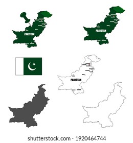 Juego de iconos de vectores de mapas de Pakistán con colores auténticos, ciudades principales y mapas en blanco. 