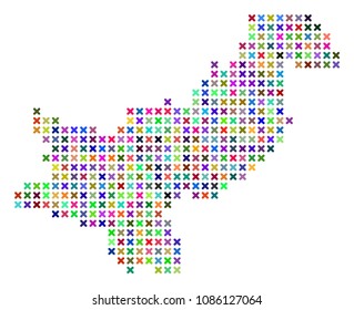 Pakistan map. Vector mosaic of geographic scheme. Regular pattern is designed from x-cross pixels in random colors. Abstract pixelated Pakistan map designed for political and economical applications.