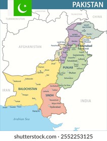 Pakistan Map Vector New 2024 Colorful - Customizable layered political map of Pakistan with administrative divisions for website, education, reports, news, politics, print, poster and wallpaper