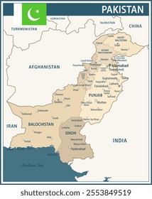 Pakistan Map Vector Vintage Dark Blue Beige - Customizable layered political map of Pakistan with administrative divisions for website, education, reports, news, politics, print, poster and wallpaper