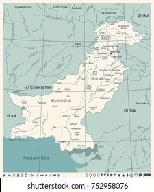 Pakistan Map - Vintage Detailed Vector Illustration
