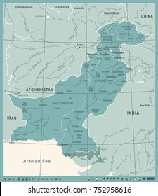 Pakistan Map - Vintage Vector Illustration