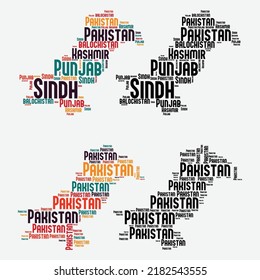 Pakistan map word cloud collage, Pakistan map filled with the word Pakistan, Pakistan map filled with providence names, Sindh, Baluchistan, Punjab, Khyber Pakhtunkhwa