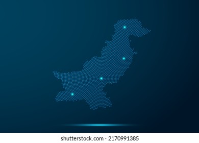 Pakistan Map - World Map vector template with dots, grid, grunge, halftone style and light, network line, design sphere on blue technology background -  Vector illustration eps 10