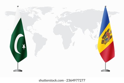 Pakistan and Moldova flags for official meeting against background of world map.