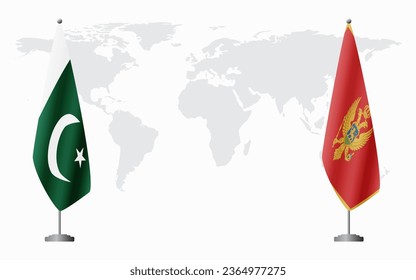 Pakistan and Montenegro flags for official meeting against background of world map.