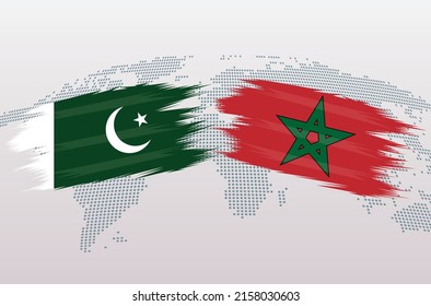 Pakistan and Morocco flags. Pakistani and Moroccan flags, isolated on grey world map background. Vector illustration.