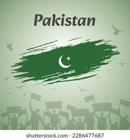 Pakistan National Day Celebration. Patriotic Design with Flag, Birds, and Protestors. Perfect for Independence Day, Pakistan Day. Versatile Vector Illustration for Social Media, Banner, Greeting Card.