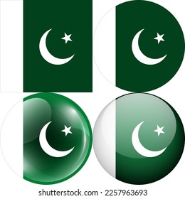 Pakistan National Flag Symbol Logo Icon, set of 1:1 Square, Round Circular Shape, Bubble and Button Design Vector Illustration Isolated on White Background
