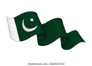Pakistan national flag waving ribbon shape with engraved vintage texture