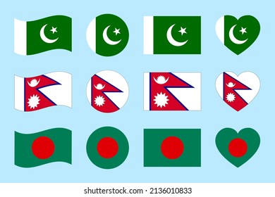 Pakistan, Nepal, Bangladesh flags. vector illustration. Pakistanian, Nepalese, Bengali states official flags symbols set. Can use for travel, patriotic, sports pages designs. geometric shapes icons