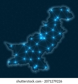 Pakistan network map. Abstract geometric map of the country. Digital connections and telecommunication design. Glowing internet network. Powerful vector illustration.