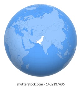 Pakistan on the globe. Earth centered at the location of the Islamic Republic of Pakistan. Map of Pakistan. Includes layer with capital cities.