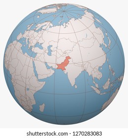 Pakistan on the globe. Earth hemisphere centered at the location of the Islamic Republic of Pakistan. Pakistan map.